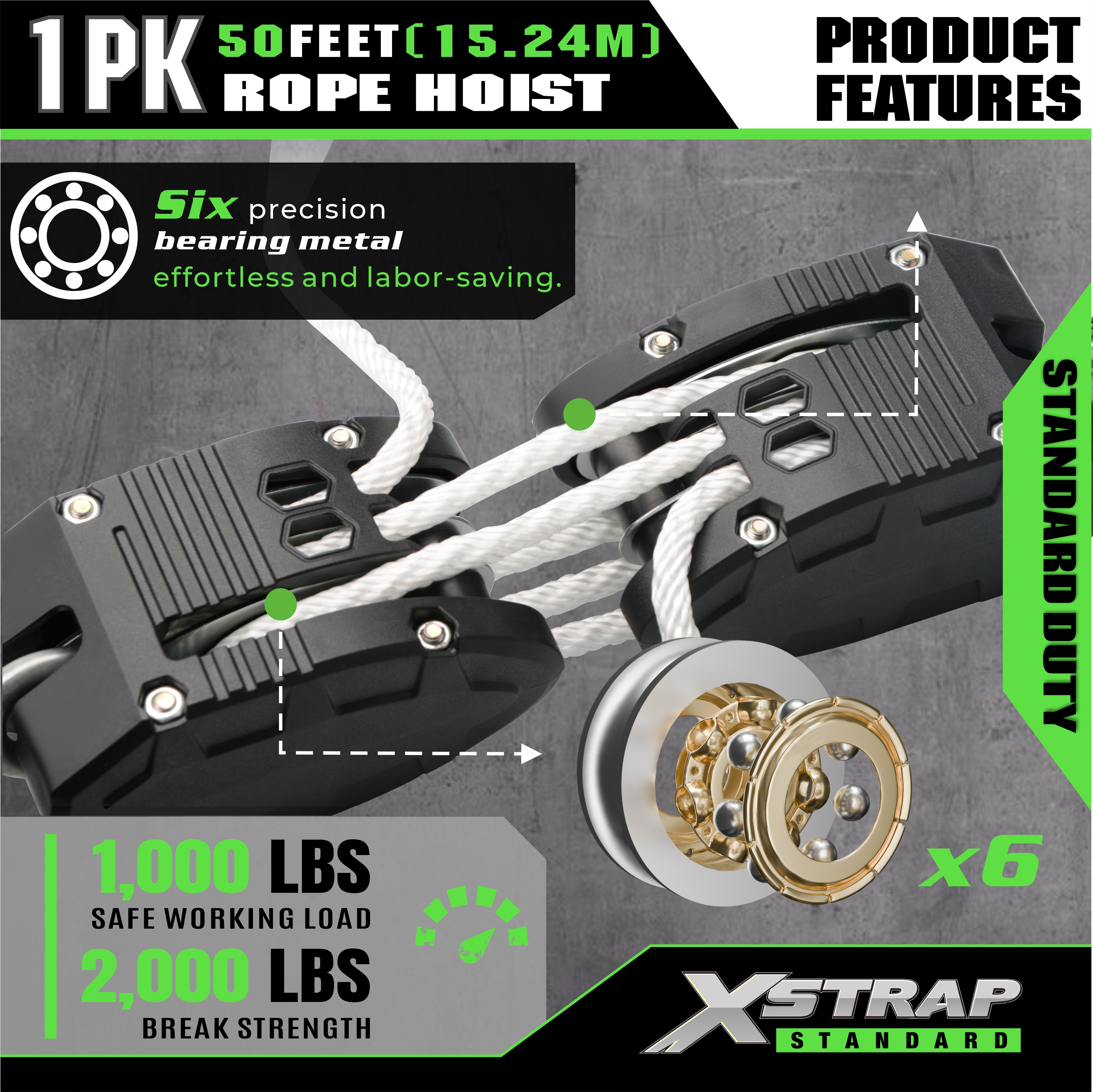 XSTRAP AHLT0003 Sistem Katrol Hoist Tali Putih Kapasitas 1000LB
