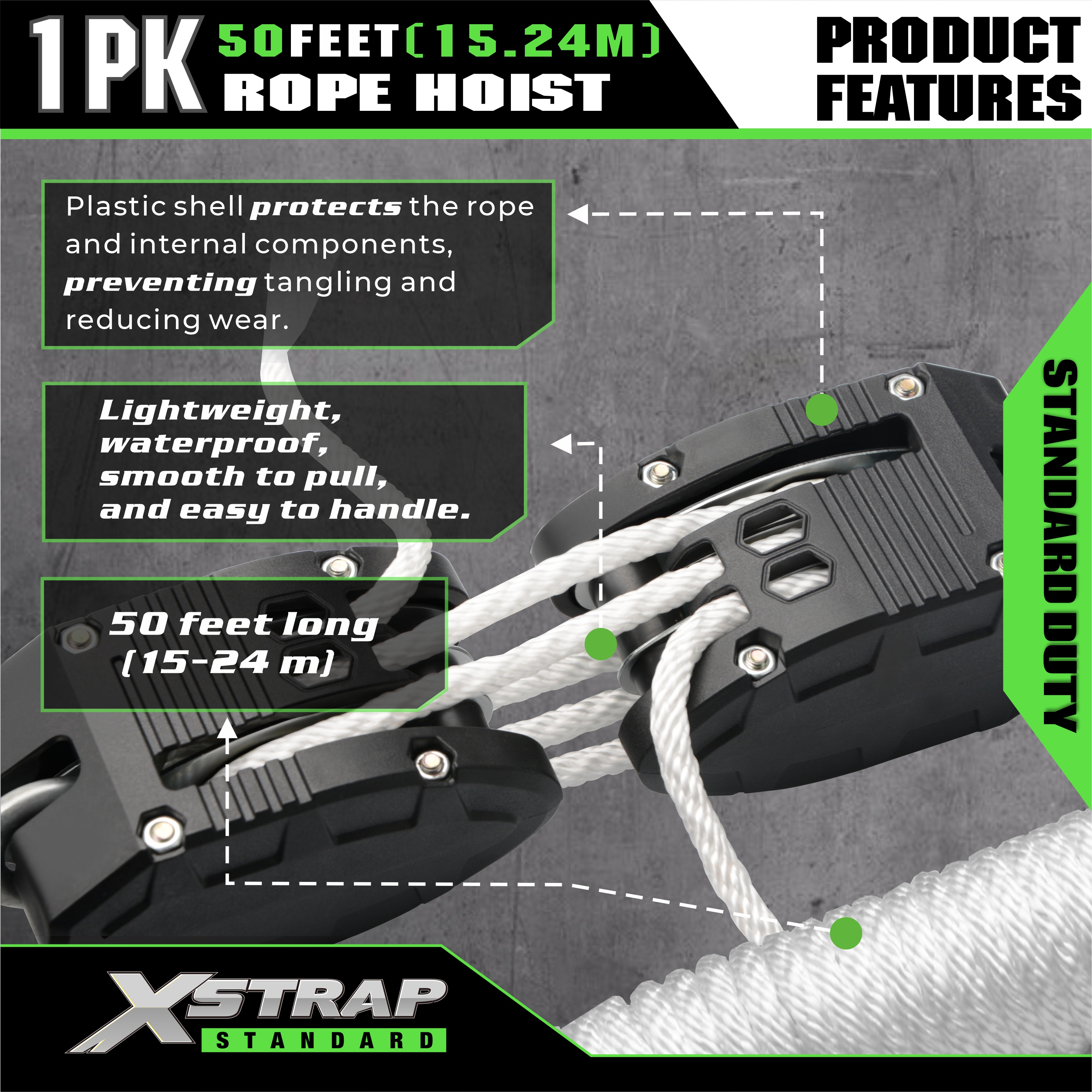 XSTRAP AHLT0003 Sistem Katrol Hoist Tali Putih Kapasitas 1000LB