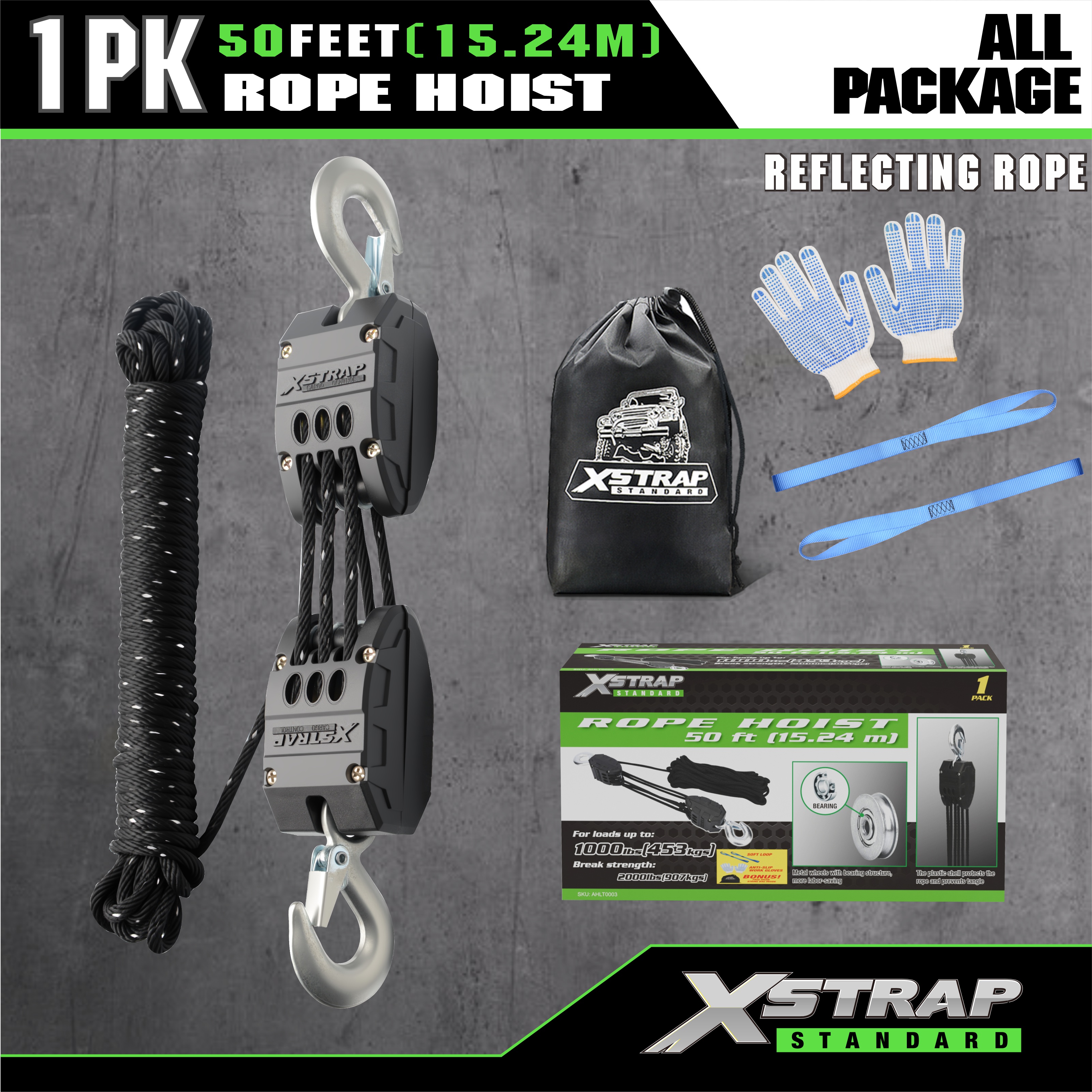 XSTRAP AHLT0003-Sistem Katrol Hoist Tali Hitam Reflektif 1000LB