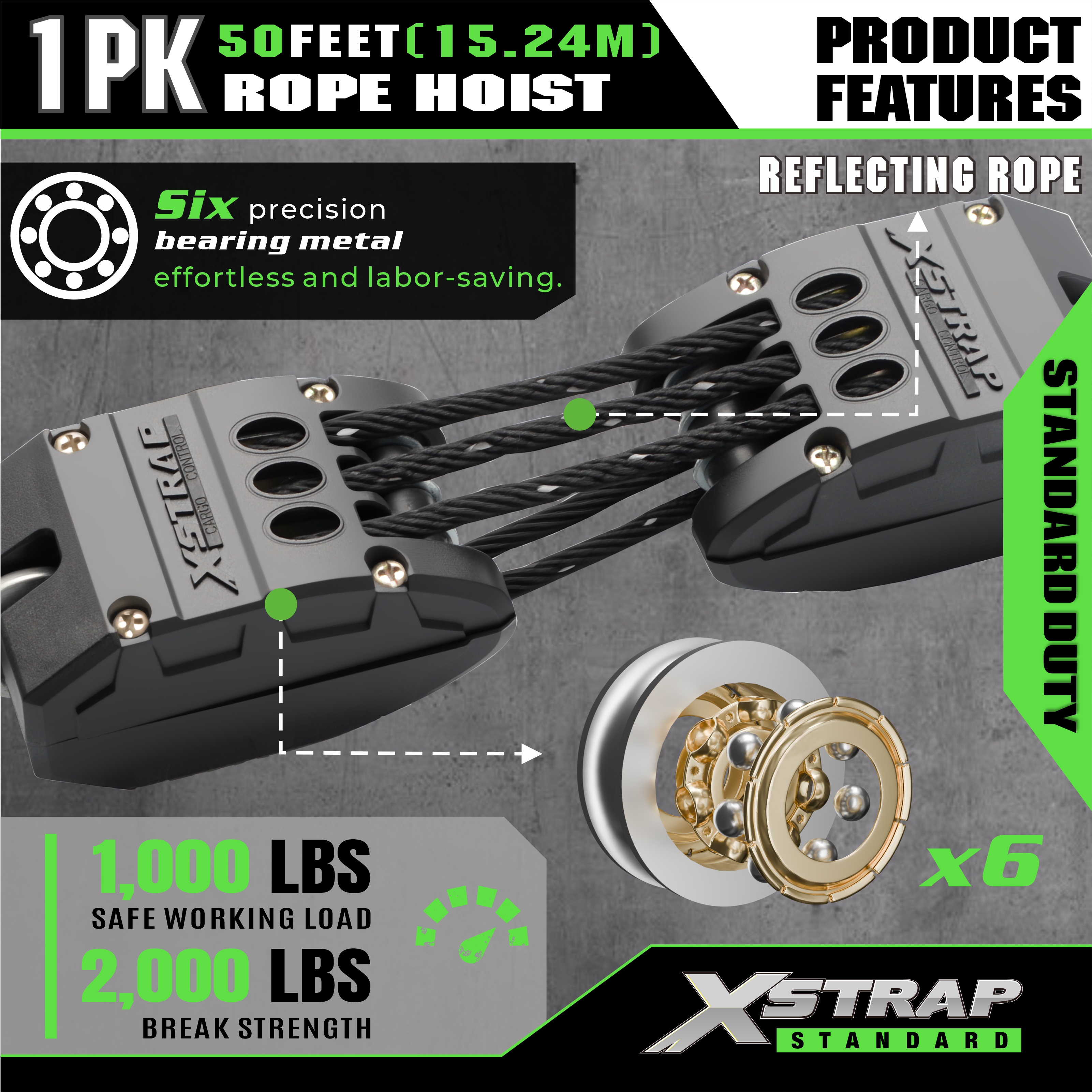 XSTRAP AHLT0003-Sistem Katrol Hoist Tali Hitam Reflektif 1000LB