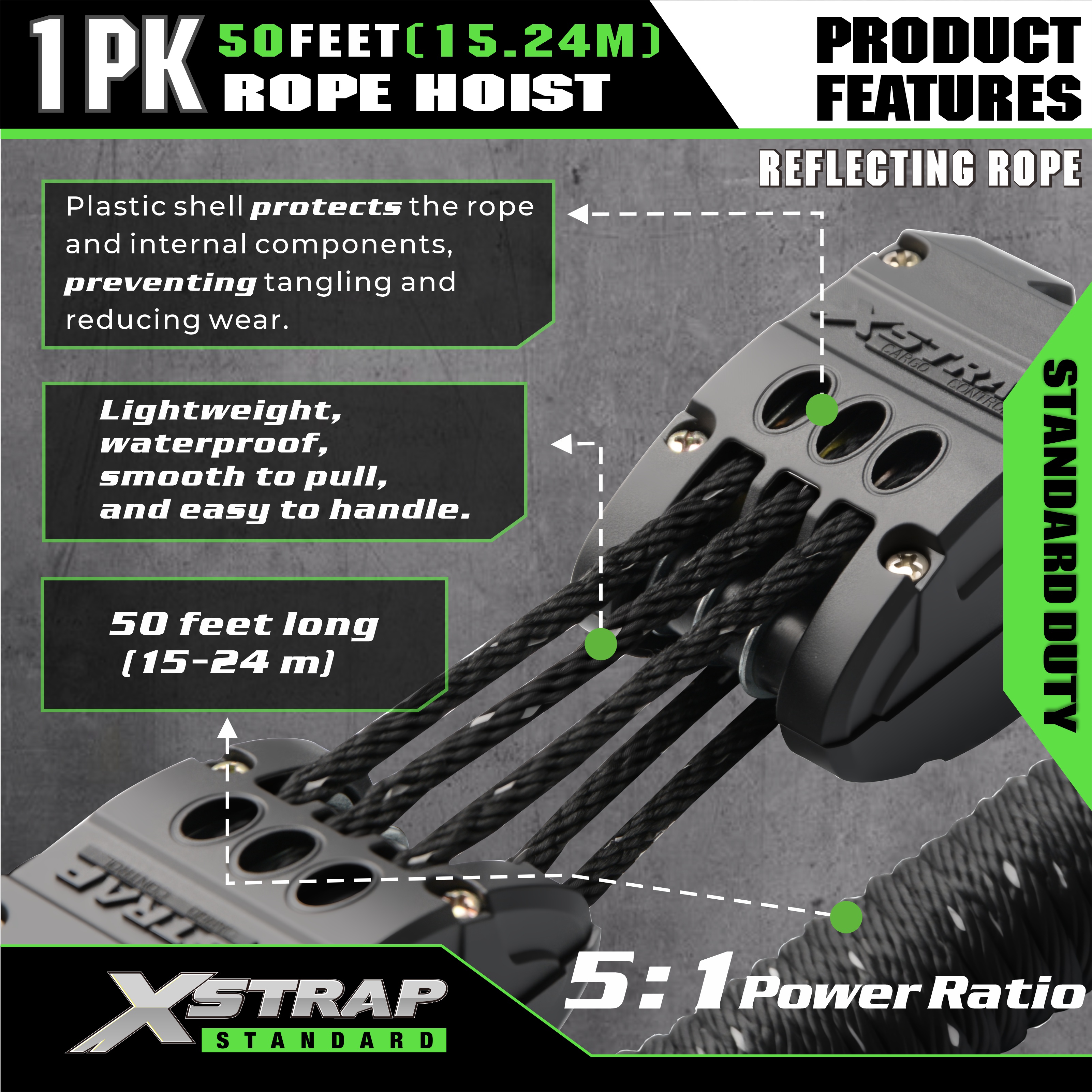 XSTRAP AHLT0003-Sistem Katrol Hoist Tali Hitam Reflektif 1000LB