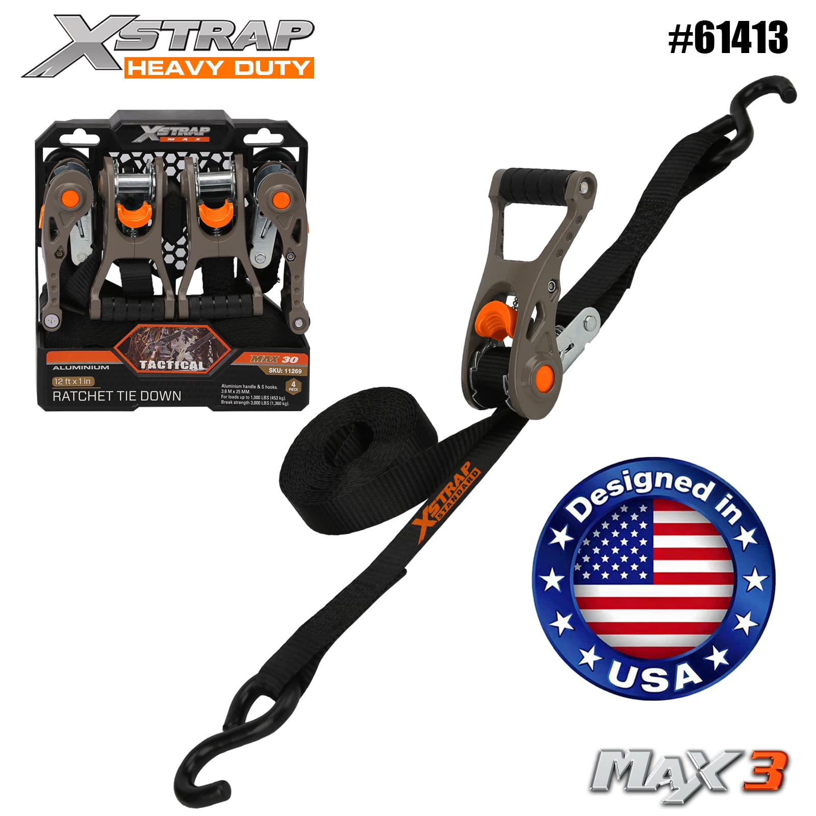 Xstrap 61413 1” x 14' 4PK Ratchet Taktis Tie Down dengan Soft Loop 1000lb SWL