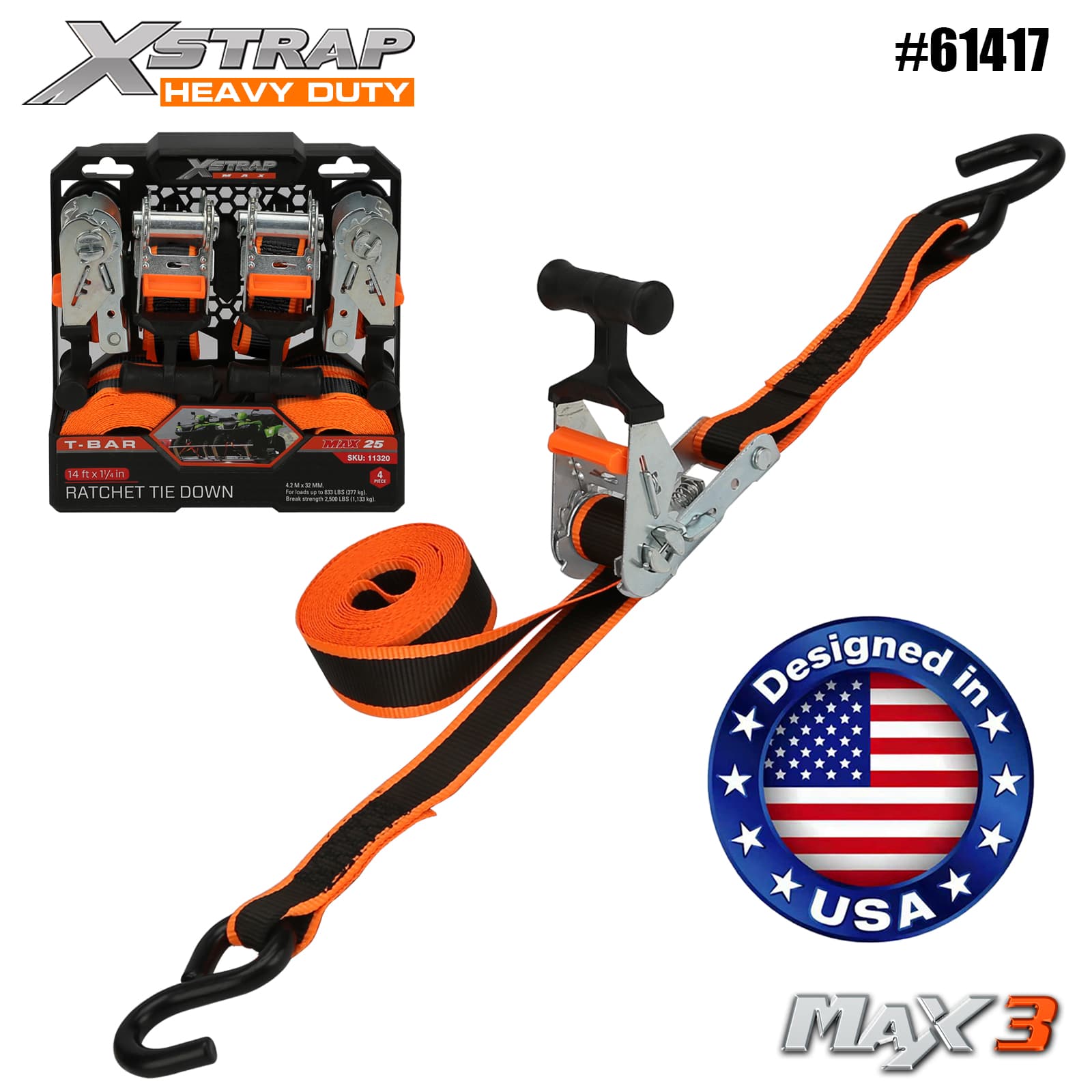 Xstrap 61417 1-1/4” x 14' 4PK T-Bar Ratchet Tie Down 1000 pon SWL