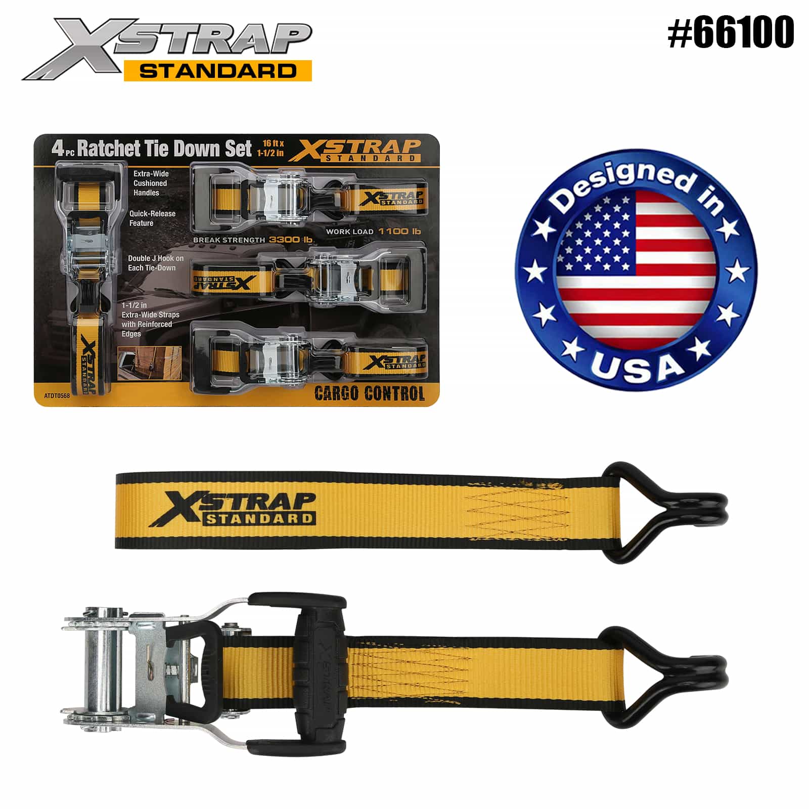 Xstrap 66100 1-1/2” x 16' 4PK Ratchet Tie Down dengan Kait J Ganda 1100lb SWL