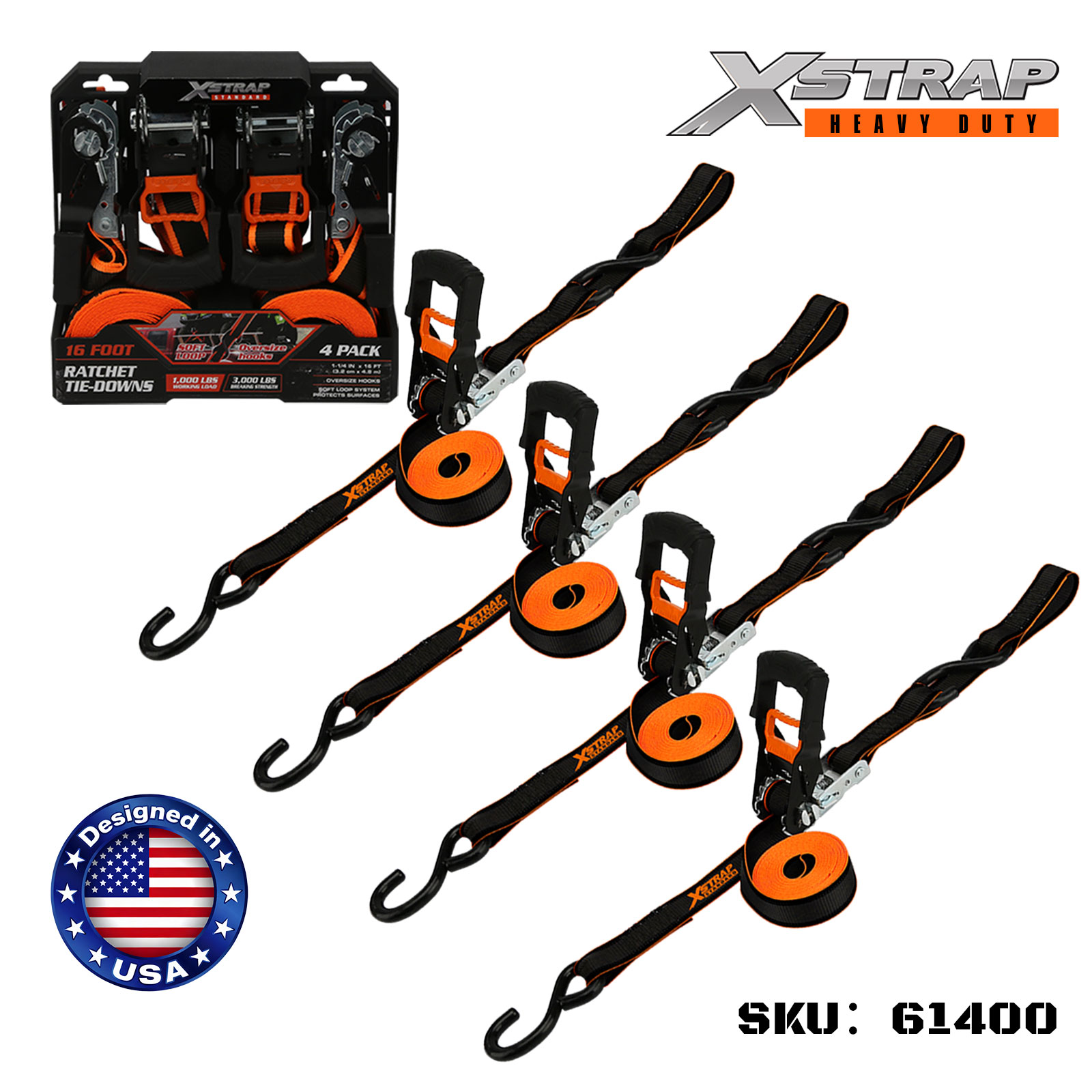 Xstrap 61400 1-1/4” x 16' 4PK Ratchet Tie Down dengan Kait Besar 1000lb SWL