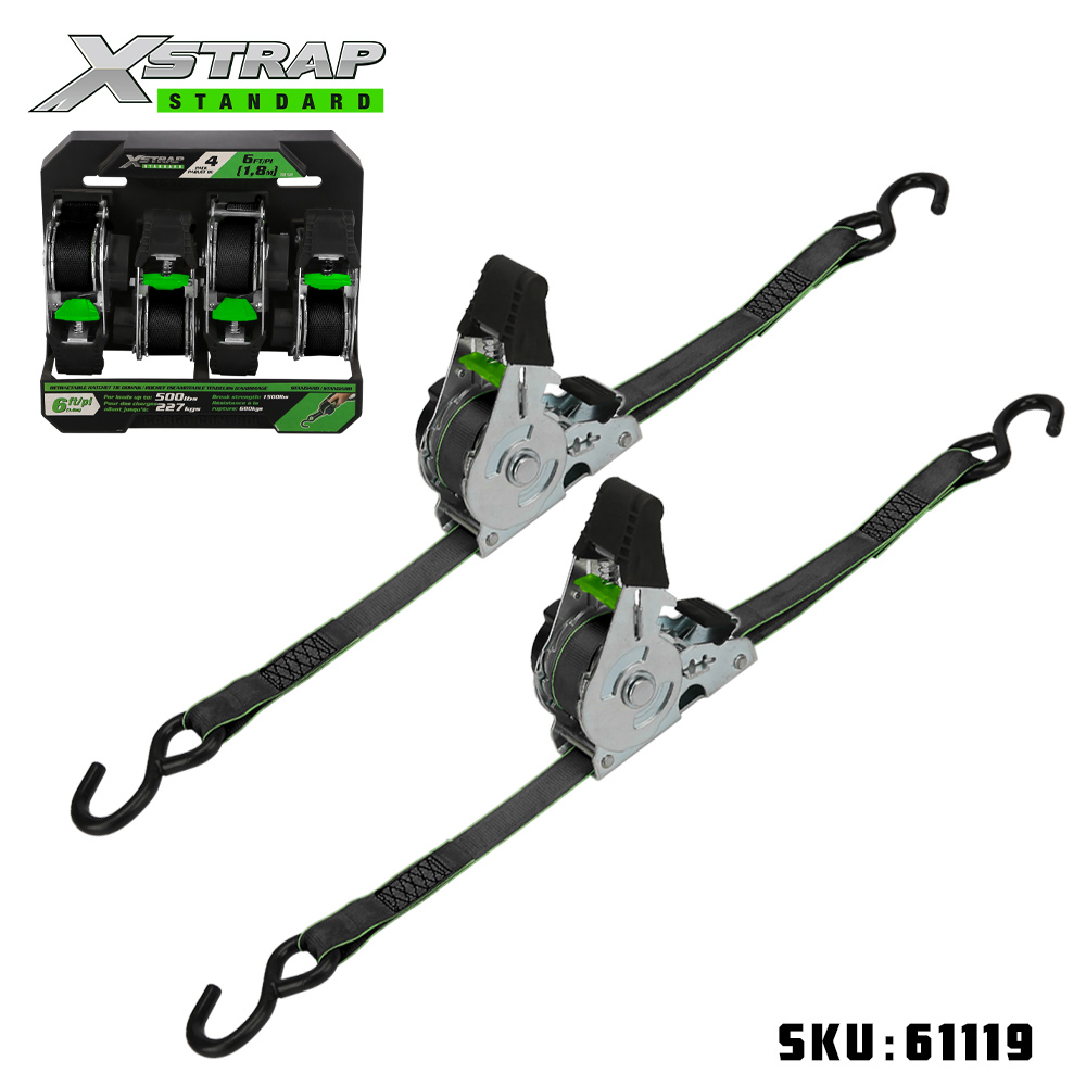 Xstrap 61119 1” x 10' 2PK Pengikat Ratchet yang Dapat Ditarik dengan Kait S 500lb SWL