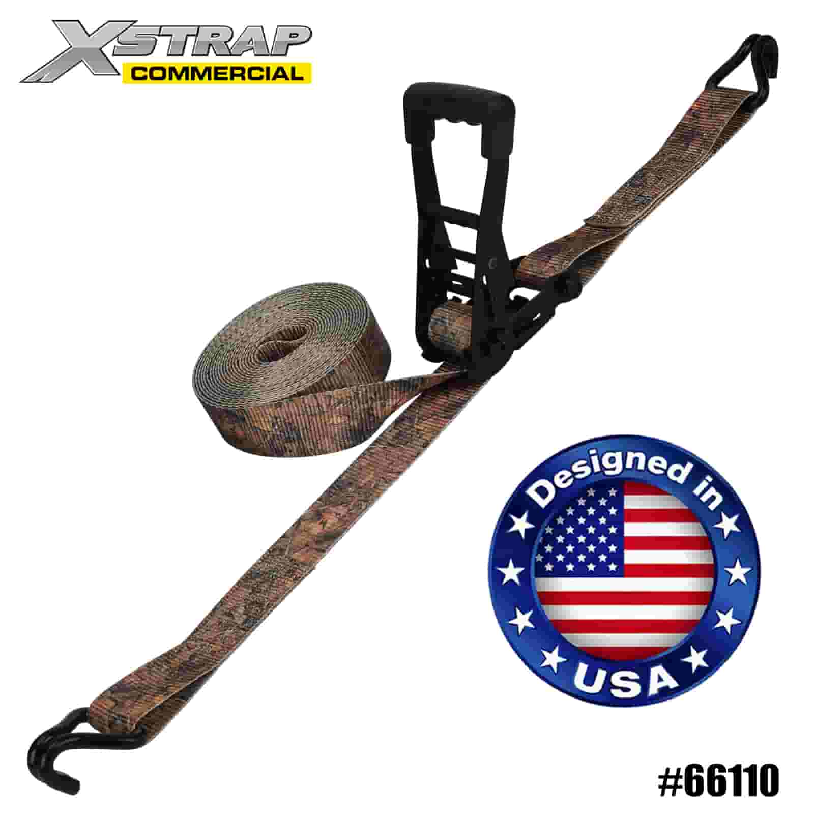Xstrap 66110 2” x 27' CAMO Ratchet Tie Down dengan Kait J Ganda 3333lb SWL