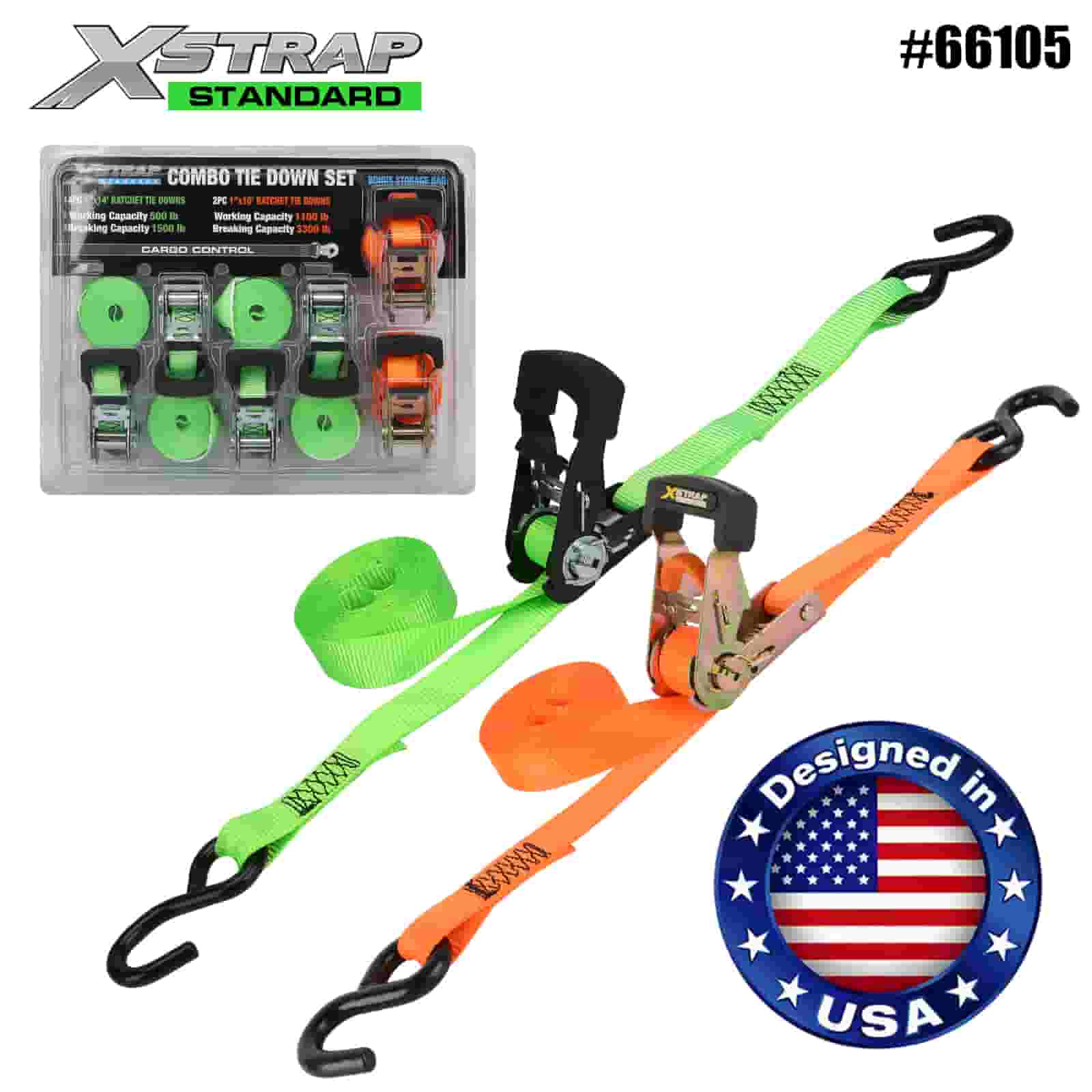 Xstrap 66105 1” x 14’ 4PK 500lb SWL dan 1” x 10’ 2PK 1100lb SWL Combo Tie Down set