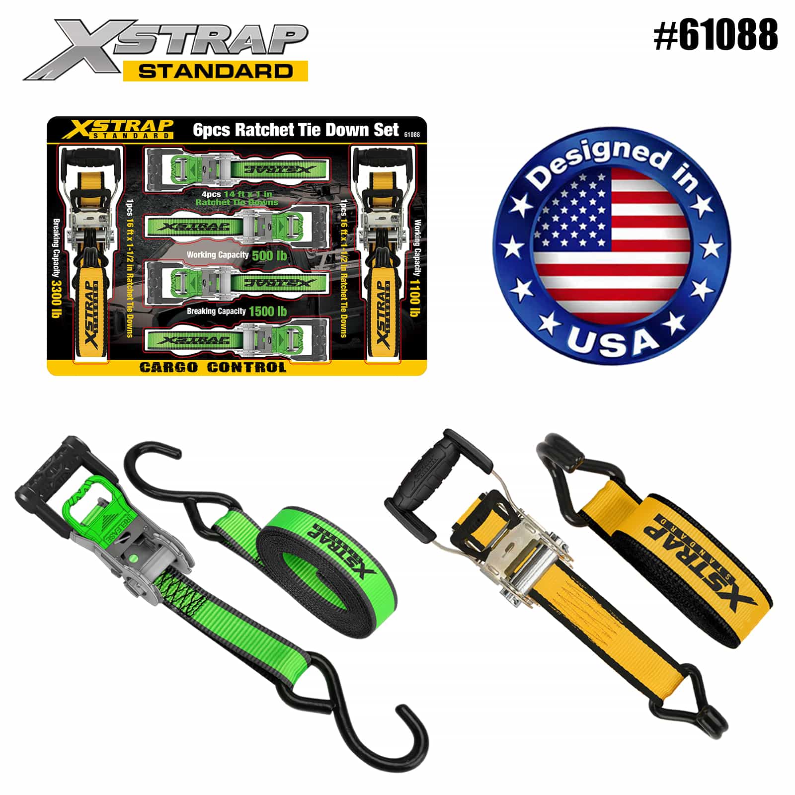 Xstrap 61088 1” x 14' 4PK D Handle Ratchet dengan Soft Loop 500lb SWL dan 1” x 16' 2PK Extra-Wide Handle Ratchet Tie Down 1100lb SWL