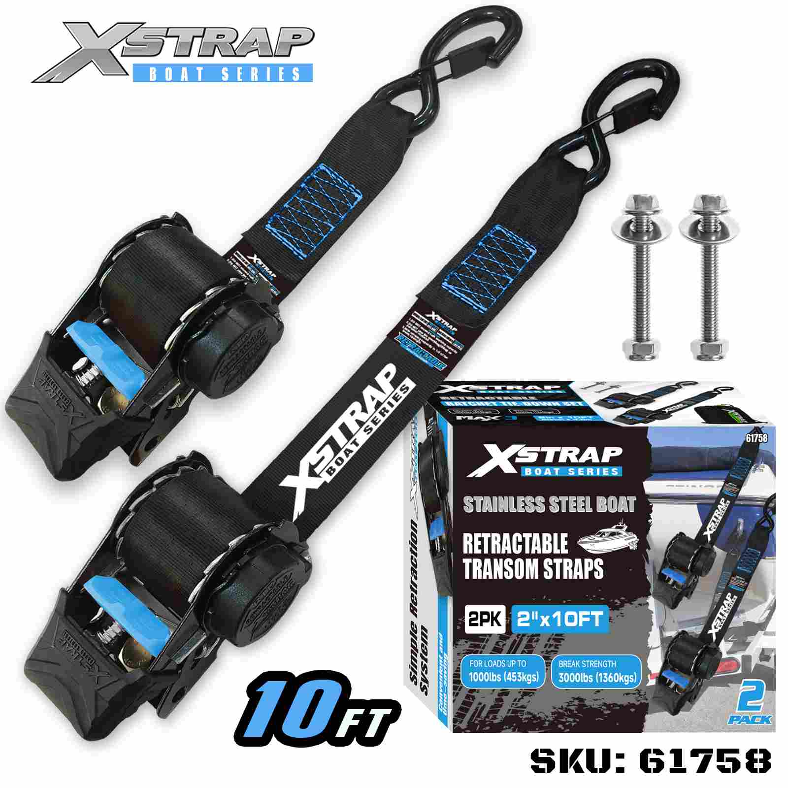 Xstrap 61758 2” x 3.6' 2PK Tali Transom Perahu yang Dapat Ditarik dengan Kait Pengaman S 1000lb SWL
