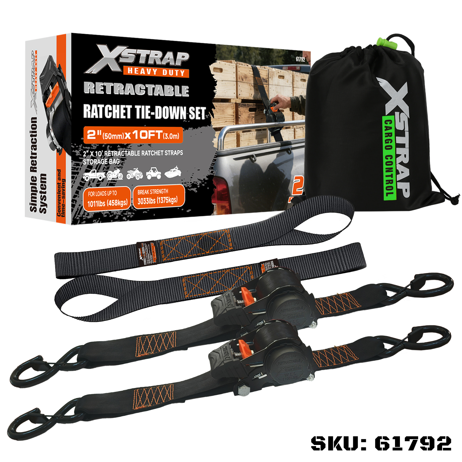 Xstrap 61792 2PK 2” x 10' Set Pengikat Ratcet yang Dapat Ditarik dengan Kait Pengaman S 1011lb SWL