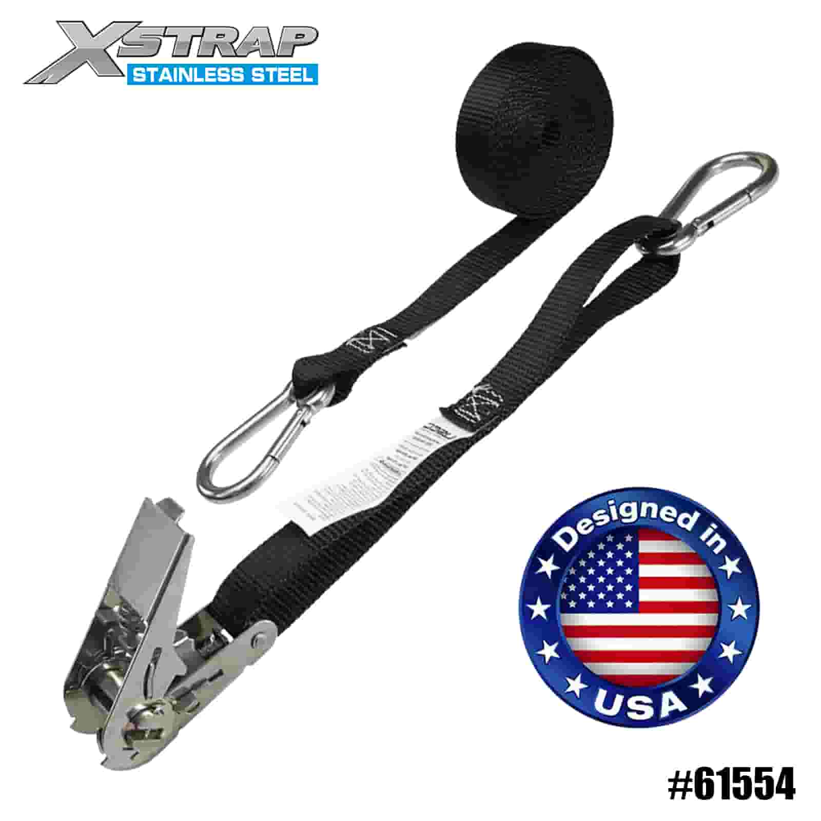 Xstrap 61554 1” x 10' Tali Ratchet Jempol Stainless Steel Hitam dengan Klip Carabiner 166lb SWL