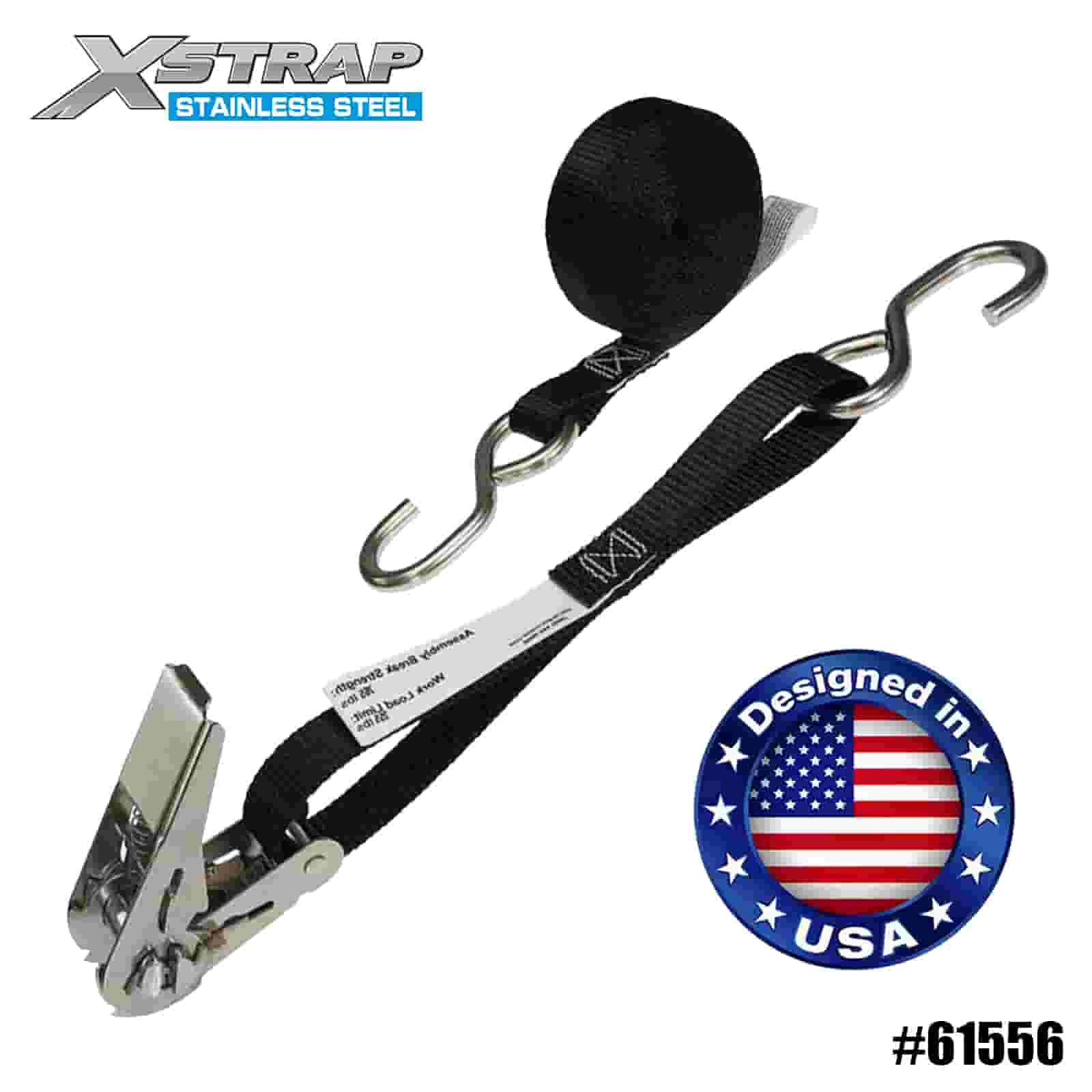 Xstrap 61556 1” x 10' Tali Ratchet Jempol Baja Tahan Karat Hitam dengan Kait S 255lb SWL