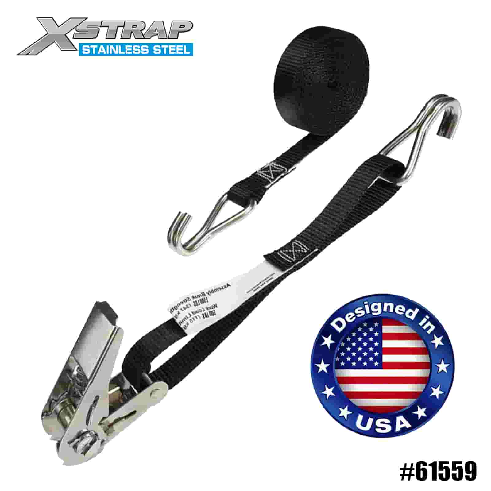 Xstrap 61559 4PK 1” x 10' Tali Ratchet Jempol Baja Tahan Karat Hitam dengan Kait Kawat 500lb SWL