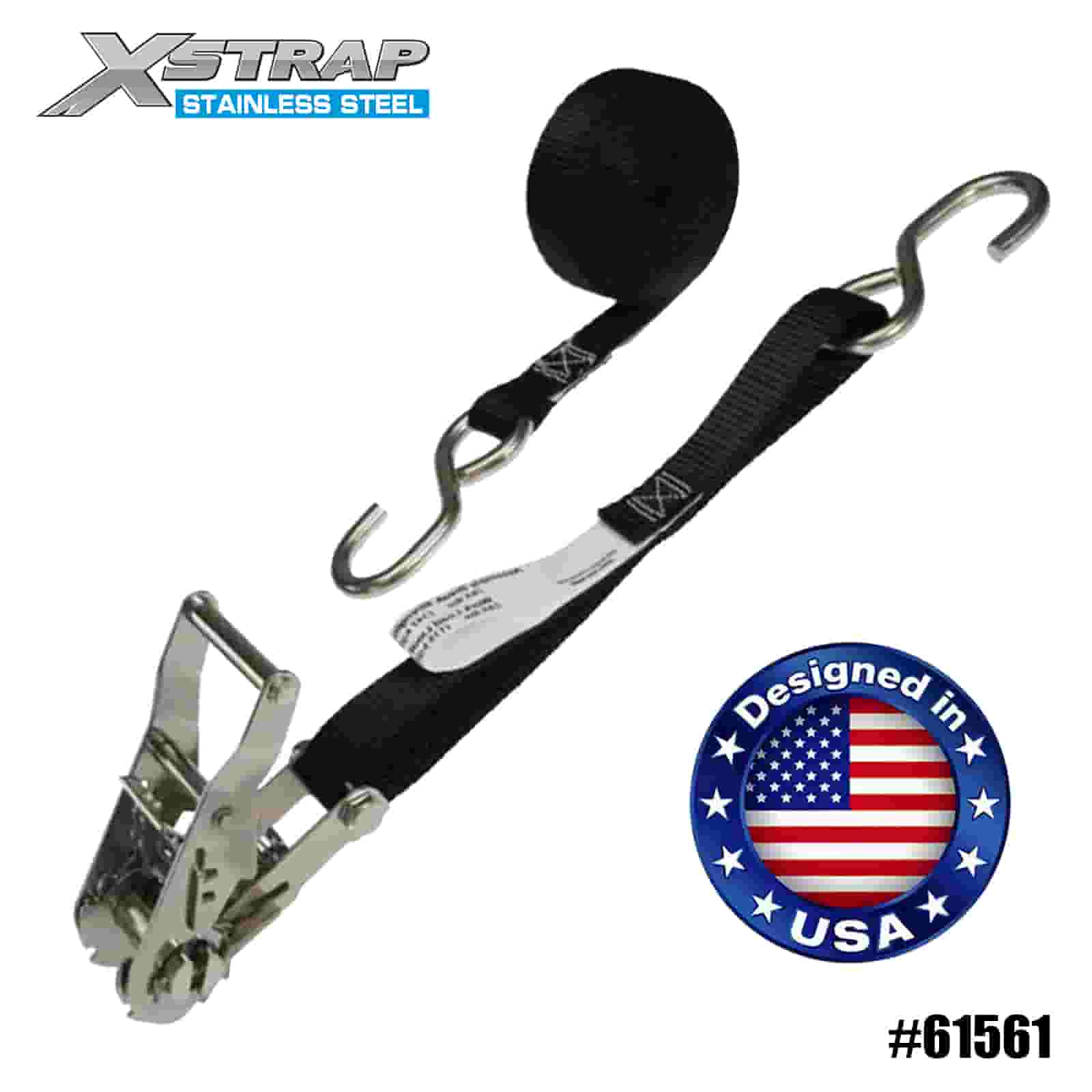 Xstrap 61561 4PK 1” x 6' Tali Ratchet Hitam dengan Ratchet Baja Tahan Karat dan Kait S 400lb SWL