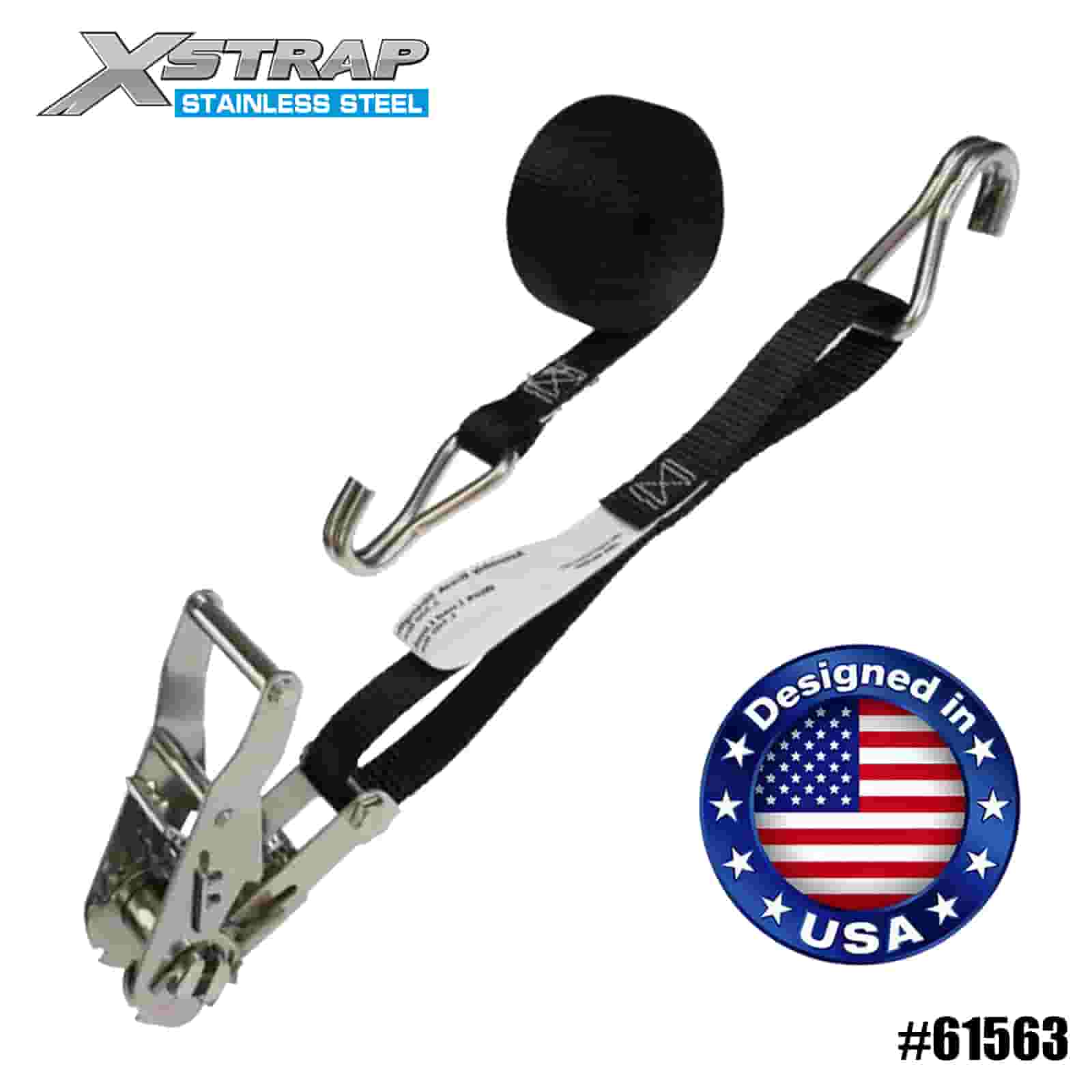 Xstrap 61563 4PK 1” x 10' Tali Ratchet Hitam dengan Ratchet Baja Tahan Karat dan Kait Kawat 1000lb SWL